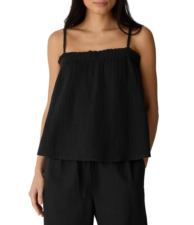 Eileen Fisher Gauzy Textured Square Neck Sleeveless Cami Strap Top