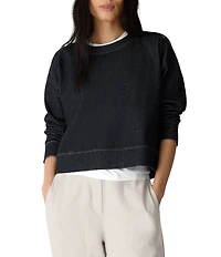 Eileen Fisher Indigo-Dyed Organic Cotton Crew Neck Long Sleeve Cropped Sweatshirt
