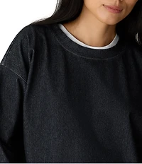 Eileen Fisher Indigo-Dyed Organic Cotton Crew Neck Long Sleeve Cropped Sweatshirt