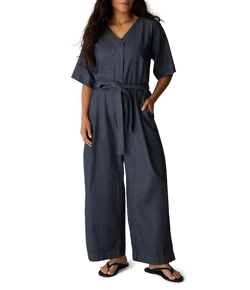 Eileen Fisher Indigo-Dyed Twill Airy V-Neck Elbow Sleeve Wide-Leg Belted Jumpsuit