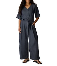Eileen Fisher Indigo-Dyed Twill Airy V-Neck Elbow Sleeve Wide-Leg Belted Jumpsuit