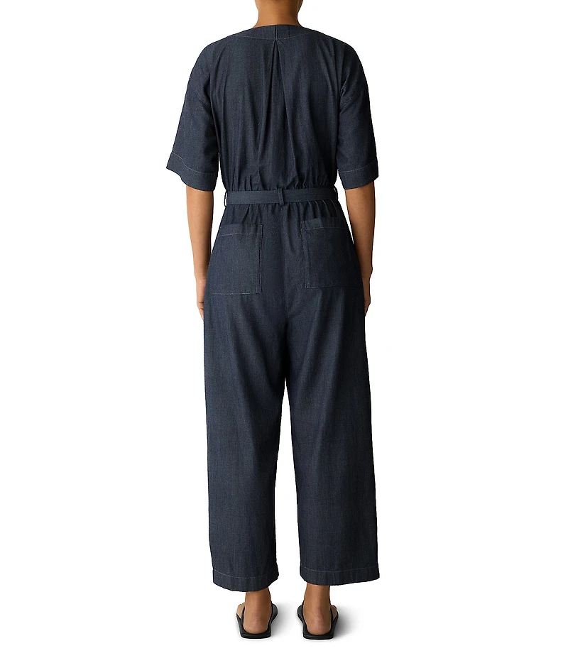 Eileen Fisher Indigo-Dyed Twill Airy V-Neck Elbow Sleeve Wide-Leg Belted Jumpsuit