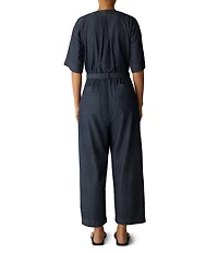 Eileen Fisher Indigo-Dyed Twill Airy V-Neck Elbow Sleeve Wide-Leg Belted Jumpsuit