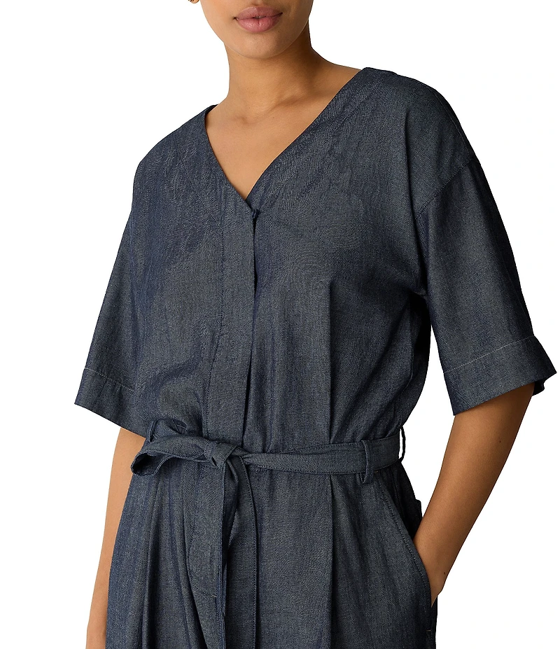 Eileen Fisher Indigo-Dyed Twill Airy V-Neck Elbow Sleeve Wide-Leg Belted Jumpsuit