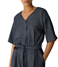 Eileen Fisher Indigo-Dyed Twill Airy V-Neck Elbow Sleeve Wide-Leg Belted Jumpsuit
