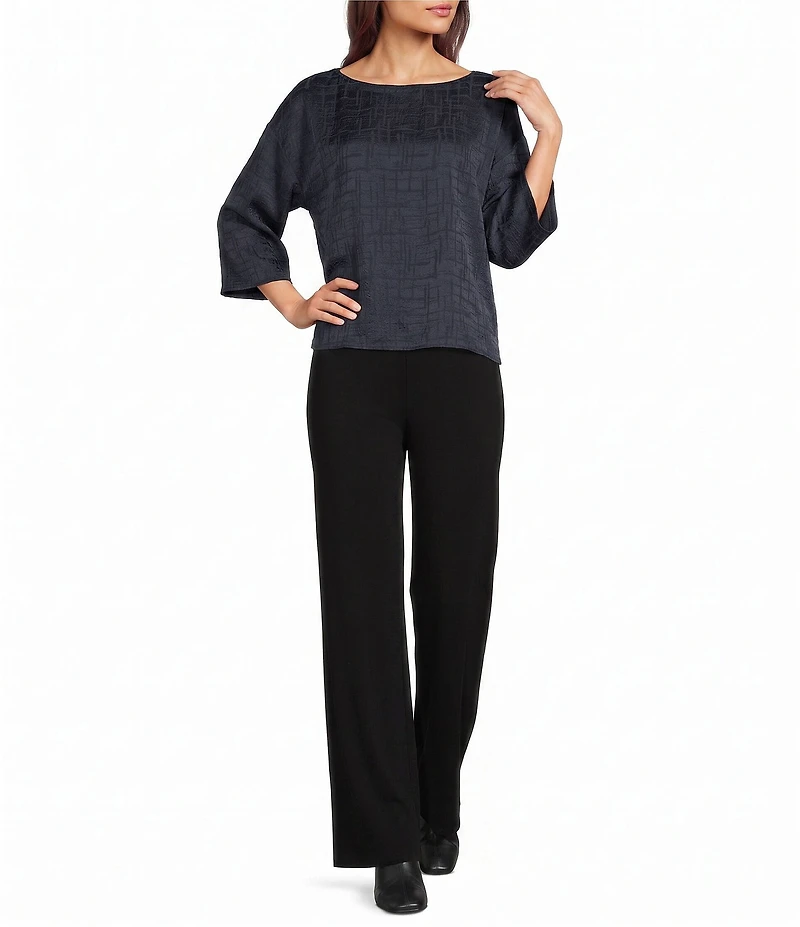 Eileen Fisher Jacquard Silk Boat Neck 3/4 Sleeve Boxy Top