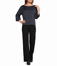 Eileen Fisher Jacquard Silk Boat Neck 3/4 Sleeve Boxy Top