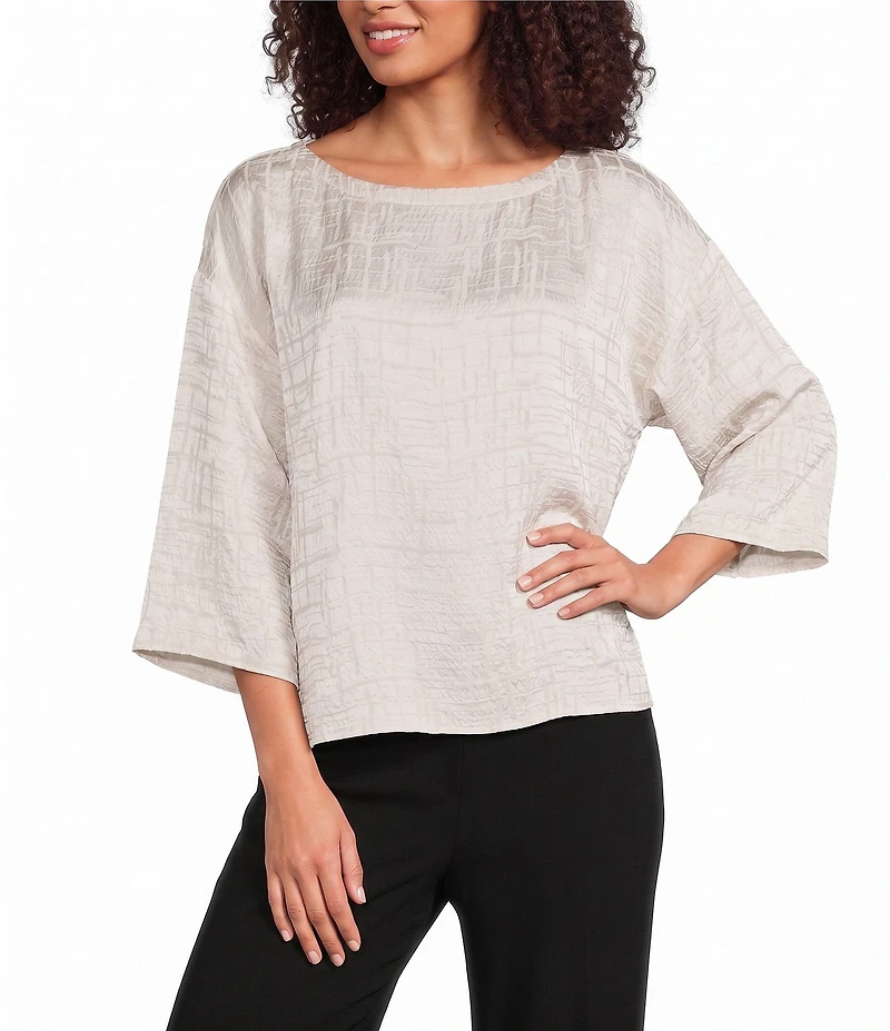 Eileen Fisher Jacquard Silk Boat Neck 3/4 Sleeve Boxy Top