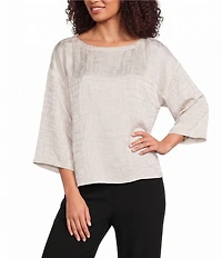 Eileen Fisher Jacquard Silk Boat Neck 3/4 Sleeve Boxy Top
