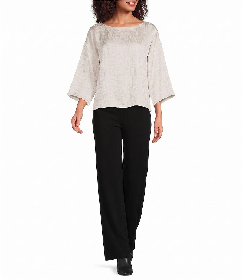 Eileen Fisher Jacquard Silk Boat Neck 3/4 Sleeve Boxy Top