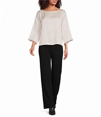Eileen Fisher Jacquard Silk Boat Neck 3/4 Sleeve Boxy Top