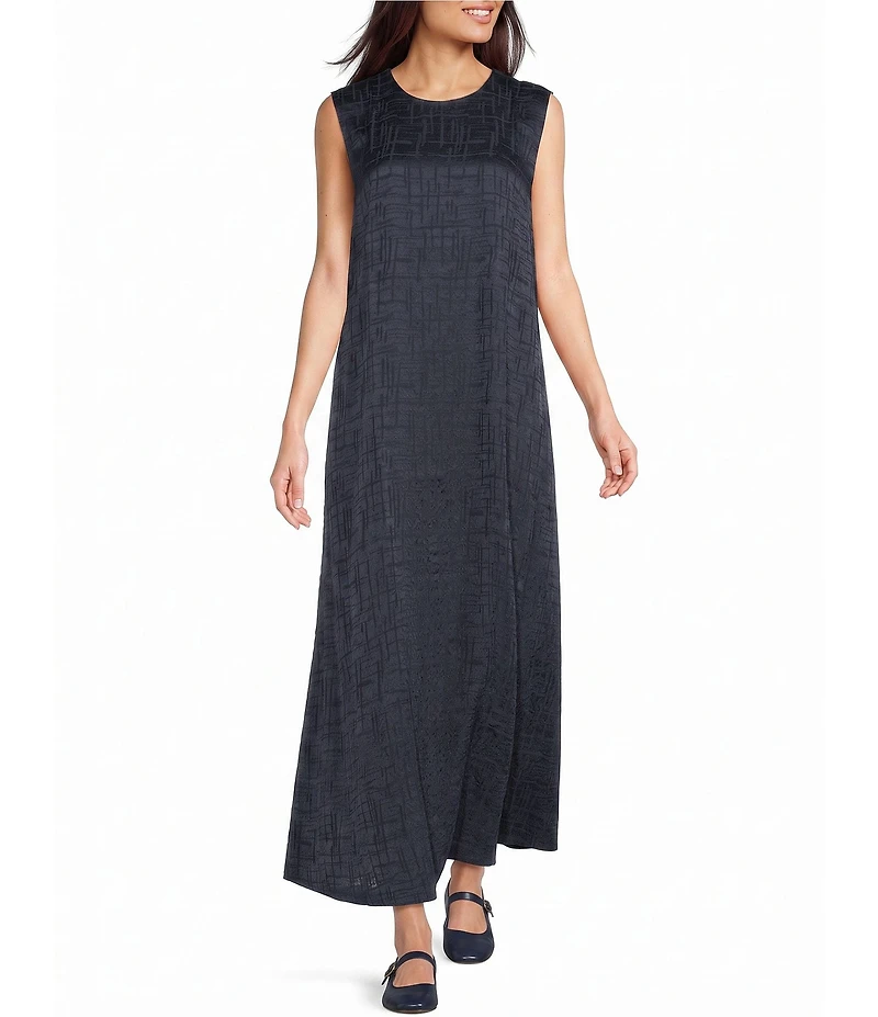 Eileen Fisher Jacquard Silk Round Neck Sleeveless Long Dress