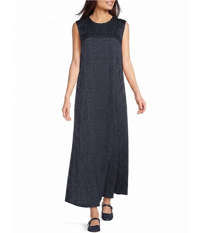 Eileen Fisher Jacquard Silk Round Neck Sleeveless Long Dress