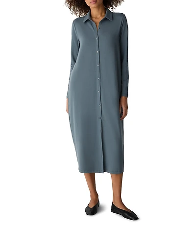 Eileen Fisher Jersey Knit Classic Point Collar Long Sleeve Midi Dress