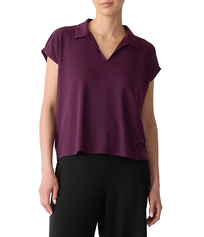 Eileen Fisher Jersey Knit Collar V-Neck Cap Sleeve Top