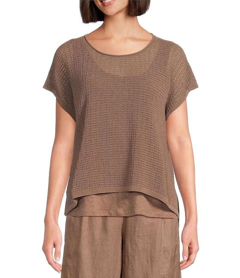 Eileen Fisher Organic Cotton Knit Cord Crew Neck Cap Sleeve Top