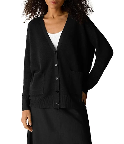 Eileen Fisher Knit V-Neck Long Sleeve Button Front Cardigan