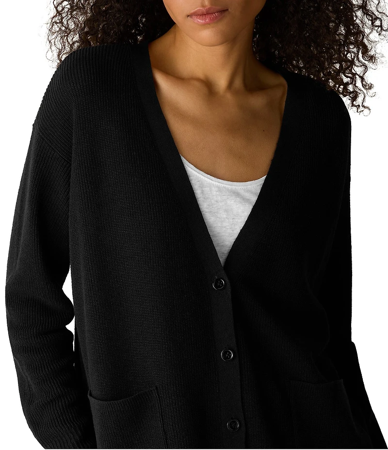 Eileen Fisher Knit V-Neck Long Sleeve Button Front Cardigan