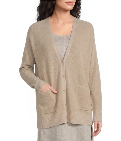 Eileen Fisher Knit V-Neck Long Sleeve Button Front Cardigan