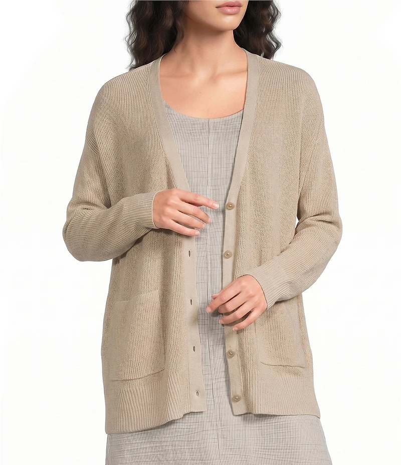 Eileen Fisher Knit V-Neck Long Sleeve Button Front Cardigan