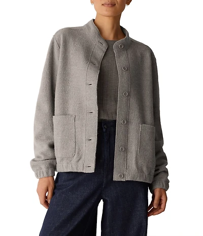 Eileen Fisher Lightweight Boiled Wool Stand Collar Long Sleeve Button-Front Jacket