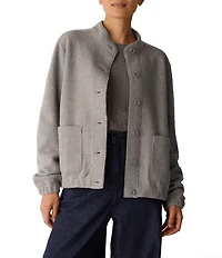 Eileen Fisher Lightweight Boiled Wool Stand Collar Long Sleeve Button-Front Jacket