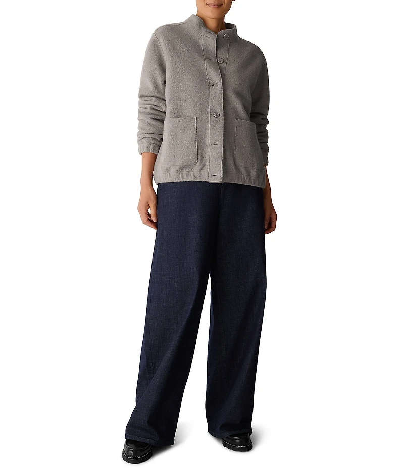 Eileen Fisher Lightweight Boiled Wool Stand Collar Long Sleeve Button-Front Jacket