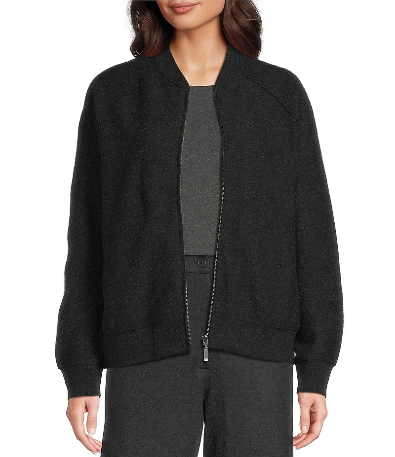 Eileen Fisher Lightweight Boiled Wool Stand Collar Long Sleeve Jacket