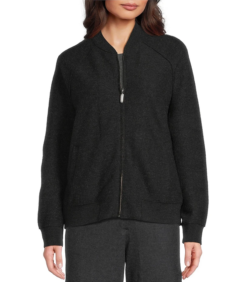 Eileen Fisher Lightweight Boiled Wool Stand Collar Long Sleeve Jacket