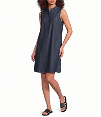 Eileen Fisher Lightweight Denim Mandarin Collar Sleeveless A-Line Dress