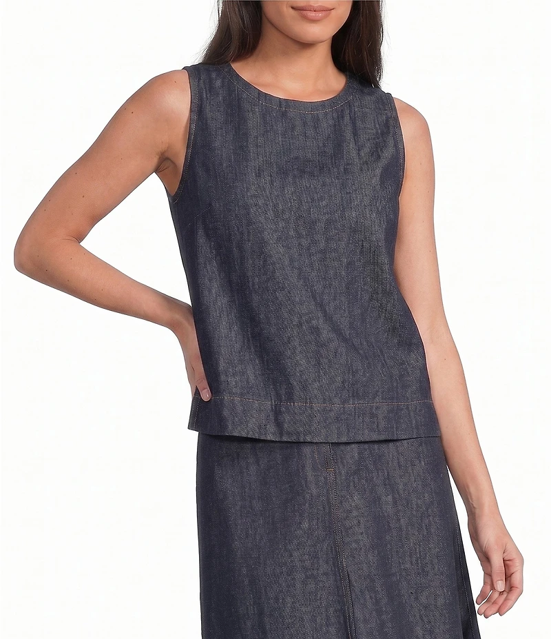 Eileen Fisher Lightweight Denim Round Neck Sleevless Shell Top