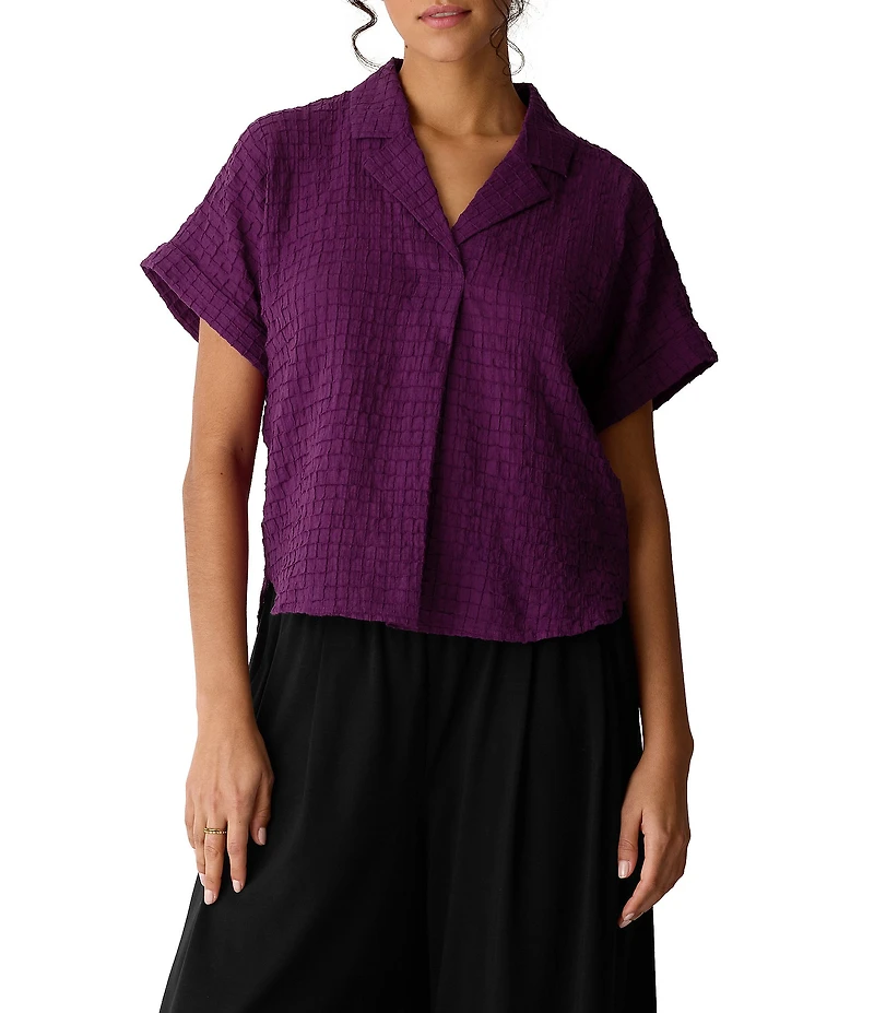 Eileen Fisher Lightweight Puckered Textured Airy Notch Collar Short Sleeve Top