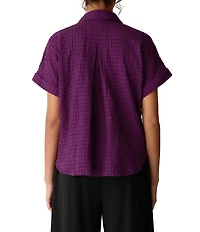 Eileen Fisher Lightweight Puckered Textured Airy Notch Collar Short Sleeve Top