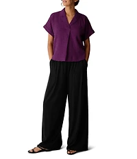Eileen Fisher Lightweight Puckered Textured Airy Notch Collar Short Sleeve Top