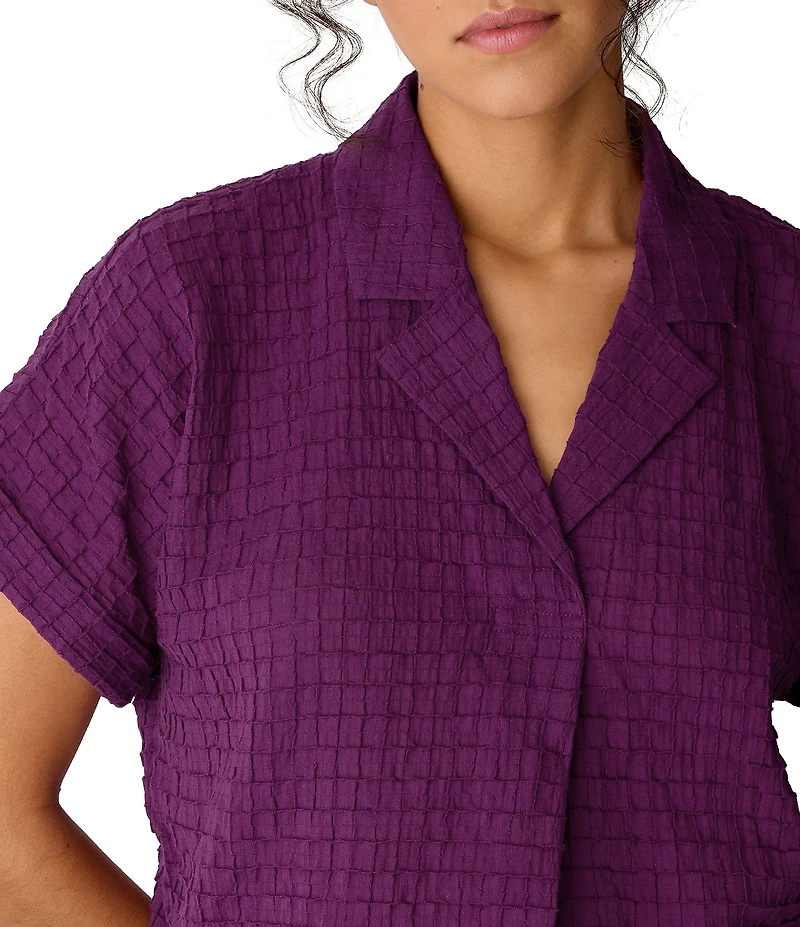 Eileen Fisher Lightweight Puckered Textured Airy Notch Collar Short Sleeve Top