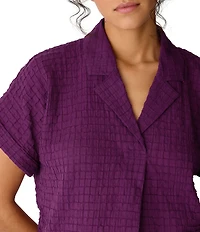 Eileen Fisher Lightweight Puckered Textured Airy Notch Collar Short Sleeve Top