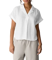 Eileen Fisher Lightweight Puckered Textured Airy Notch Collar Short Sleeve Top