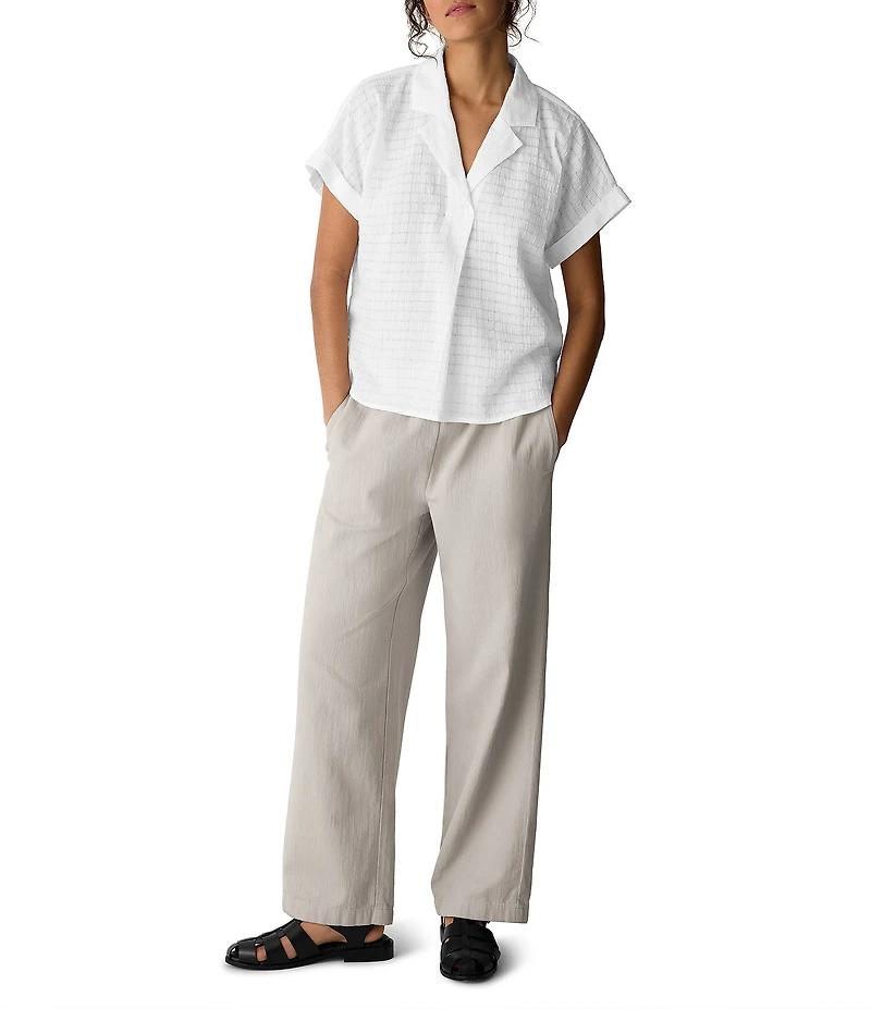 Eileen Fisher Lightweight Puckered Textured Airy Notch Collar Short Sleeve Top