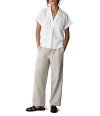 Eileen Fisher Lightweight Puckered Textured Airy Notch Collar Short Sleeve Top