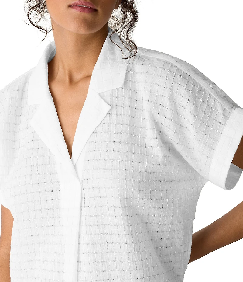 Eileen Fisher Lightweight Puckered Textured Airy Notch Collar Short Sleeve Top