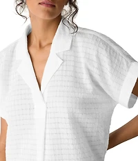 Eileen Fisher Lightweight Puckered Textured Airy Notch Collar Short Sleeve Top