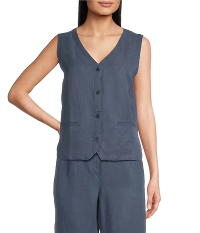 Eileen Fisher Organic Linen Silk Twill V-Neck Sleeveless Button Front Vest