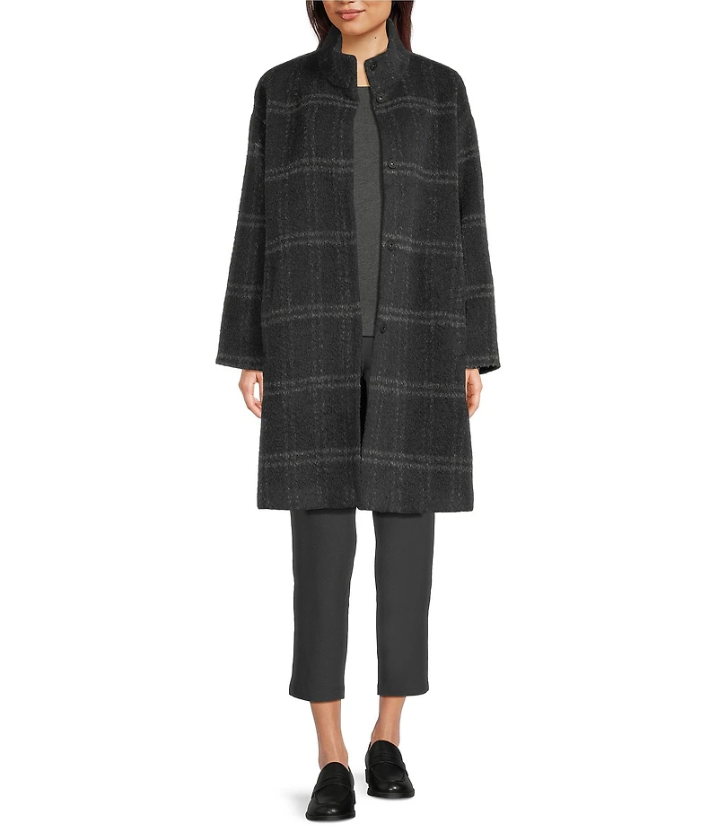 Eileen Fisher Luxe Alpaca Blend Windowpane Pattern High Collar Long Sleeve Coat
