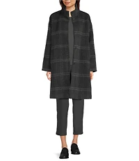 Eileen Fisher Luxe Alpaca Blend Windowpane Pattern High Collar Long Sleeve Coat