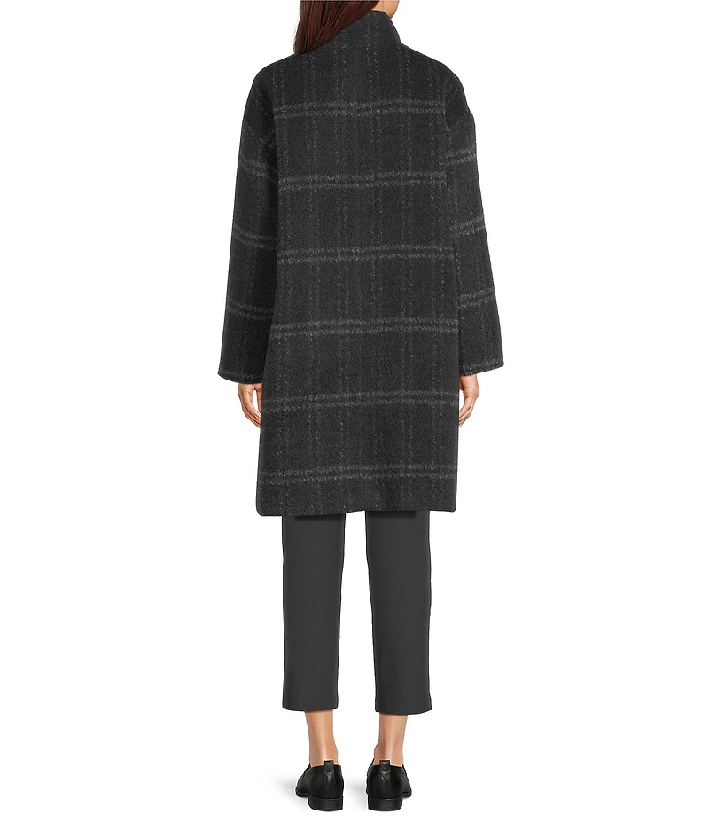 Eileen Fisher Luxe Alpaca Blend Windowpane Pattern High Collar Long Sleeve Coat