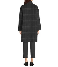 Eileen Fisher Luxe Alpaca Blend Windowpane Pattern High Collar Long Sleeve Coat
