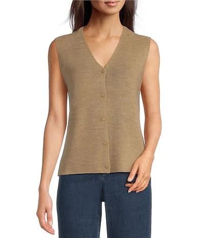 Eileen Fisher Merino Wool Knit V-Neck Sleeveless Vest
