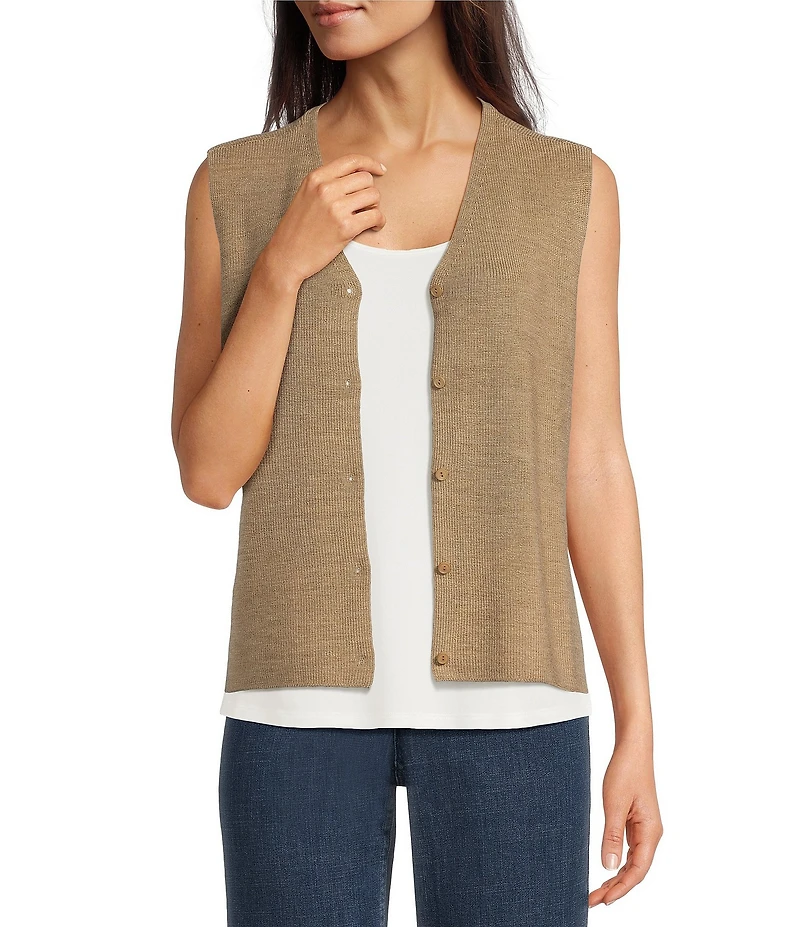 Eileen Fisher Merino Wool Knit V-Neck Sleeveless Vest