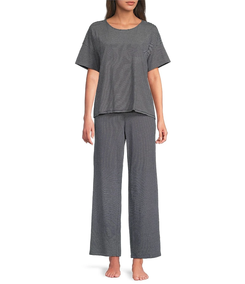Eileen Fisher Mini Stripe Organic Cotton Jersey Knit Short Sleeve Round Neck Long Pajama Set