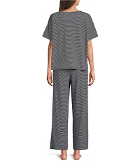 Eileen Fisher Mini Stripe Organic Cotton Jersey Knit Short Sleeve Round Neck Long Pajama Set